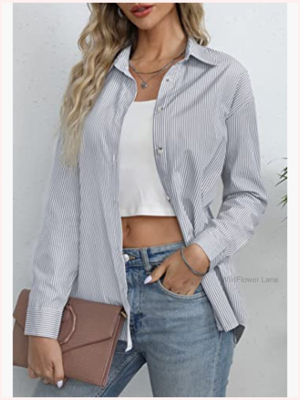 Classic Striped Button Down Shirt Long Sleeve Office Work Blouse Top - Picture 3 of 7